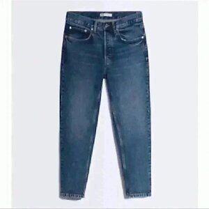 Zara Jeans Slim Fit Ankle Cropped Button Fly Vintage Dark Blue Size 18
